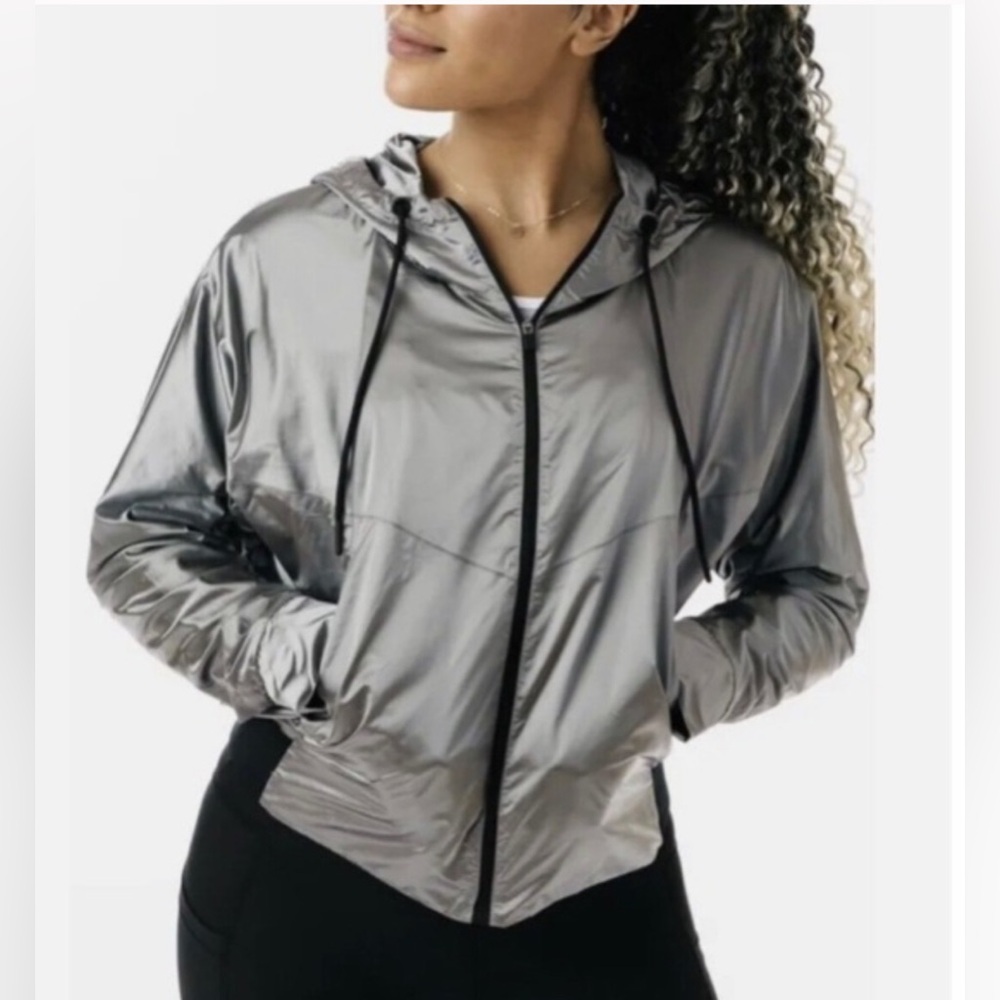 Zyia Silver Galaxy Jacket XS Silver Metallic Bomber Jacket, Retro Shiny Athletic